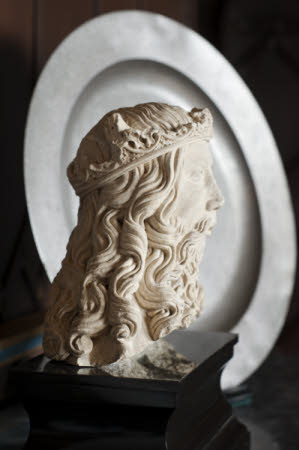 Carved stone head representing God the Father, in the Ante Chapel, The Vyne, Hampshire.