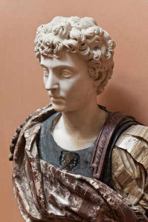 Marble bust of a Roman emperor on the Great Staircase at Wimpole Hall, Cambridgeshire.